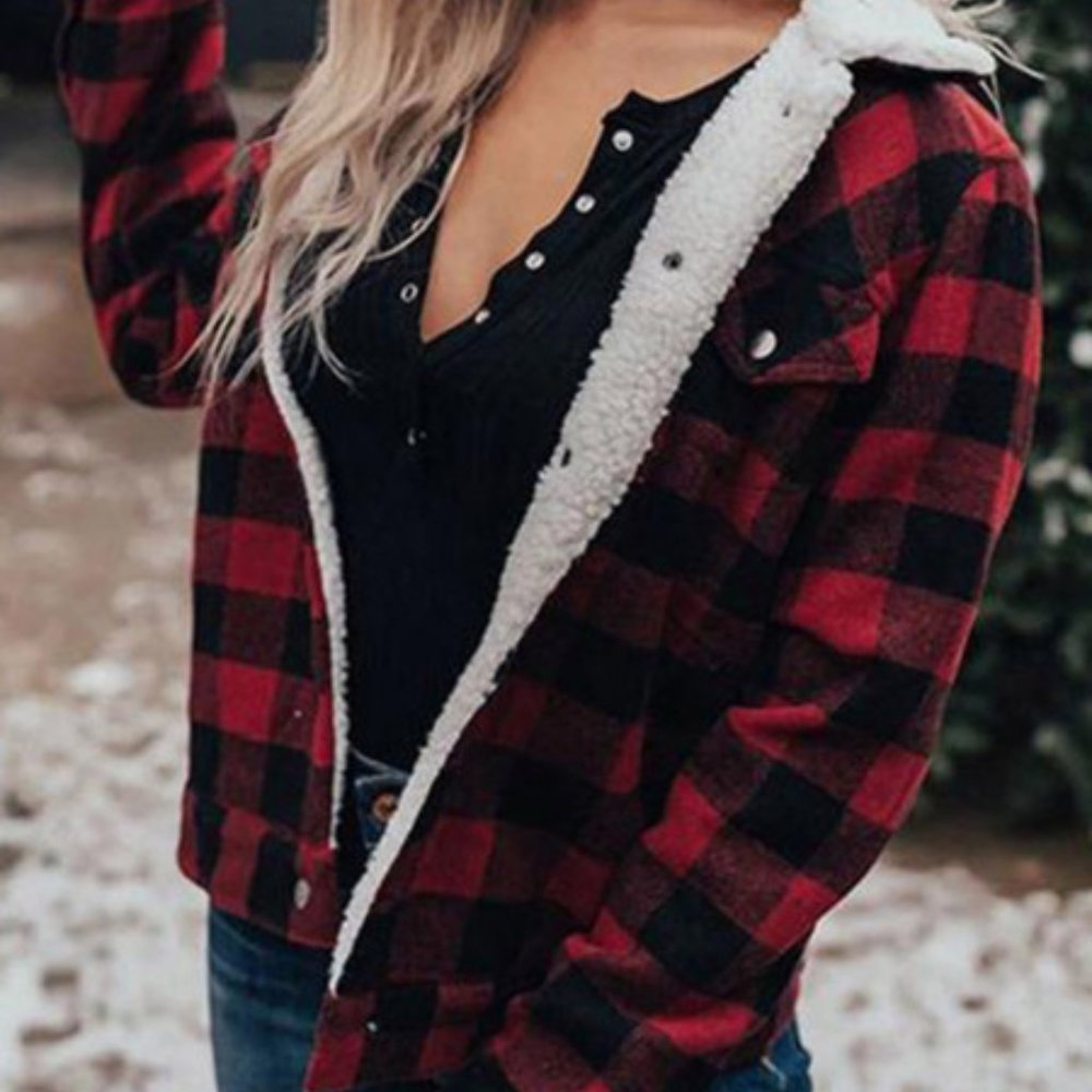 💜 New Buffalo Plaid Print Fleece Jacket - Picture 4 of 5